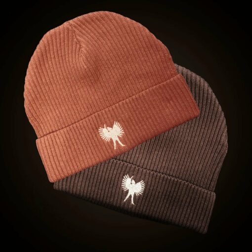Mahrs Bräu beanies with embroidered angel in terracotta and brown
